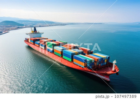 Container ship at sunset. Sea freight is one of the most important engines of the modern economy. 107497389