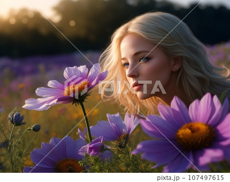 コスモスを近くで観賞する女性 コスモスを近くで観賞する女性 107497615