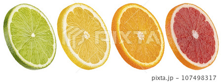 Mix of orange, grapefruit, lime and lemon slices isolated on white background 107498317