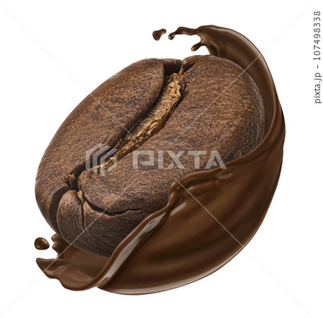 Coffee bean falling into chocolate splash isolated on white background 107498338