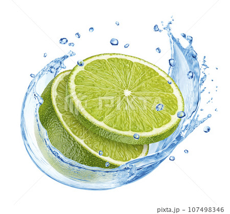 Lime slices falling into water splash isolated on white background Lime slices falling into water splash isolated on white background 107498346