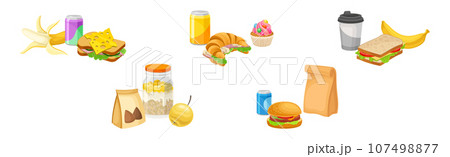 School Lunch Bag with Different Products Vector Set 107498877
