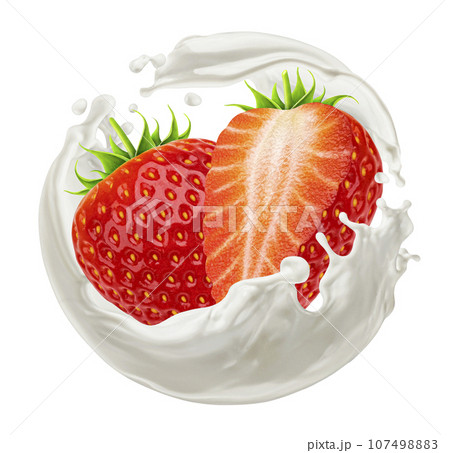 Strawberry with round milk splash isolated on white background Strawberry with round milk splash isolated on white background 107498883