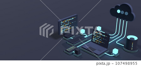 Cloud technology computing concept. Modern cloud technology. Data center isometric concept. 3D cloud technology with datacenter. Web hosting concept. 3D rendering Cloud technology computing concept. Modern cloud technology. Data center isometric concept. 3D cloud technology with datacenter. Web hosting concept. 3D rendering 107498955