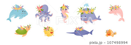 Sea Animals Wearing Flower Wreath on Its Head Vector Set 107498994