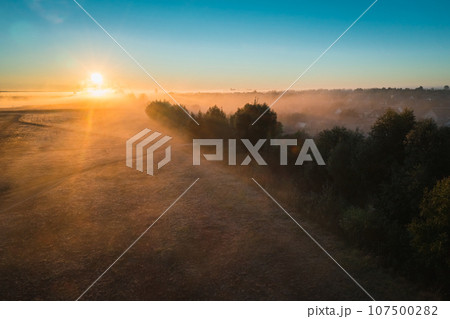 Beautiful sunrise on autumn morning with picturesque fog of trees and elephant on horizon 107500282