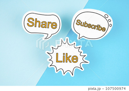 Like, Subscribe and Share text on speech bubble on the blue background. 107500974