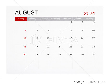 The August 2024 monthly calendar page isolated on white background, Saved clipping path. 107501377