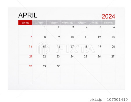 The April 2024 monthly calendar page isolated on white background, Saved clipping path. The April 2024 monthly calendar page isolated on white background, Saved clipping path. 107501419