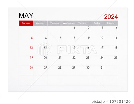 The May 2024 monthly calendar page isolated on white background, Saved clipping path. The May 2024 monthly calendar page isolated on white background, Saved clipping path. 107501420