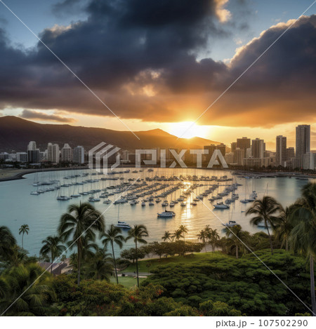 lifestyle photo honolulu sunset looking from Magic island 107502290