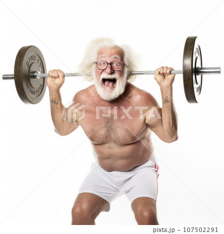 lifestyle photo humor an elderly old weight lifter on white background 107502291