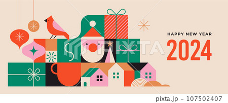 Christmas background in modern minimalist geometric style. Colorful illustration in flat cartoon Christmas background in modern minimalist geometric style. Colorful illustration in flat cartoon 107502407