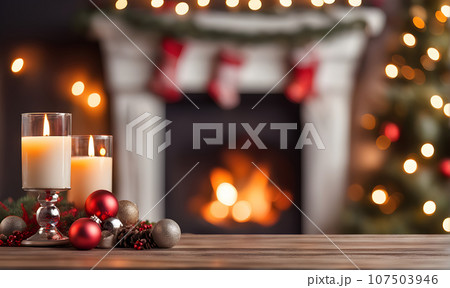 Christmas table with blurred fireplace backdrop 107503946