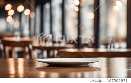 Empty plate in restaurant, versatile product mockup 107503971