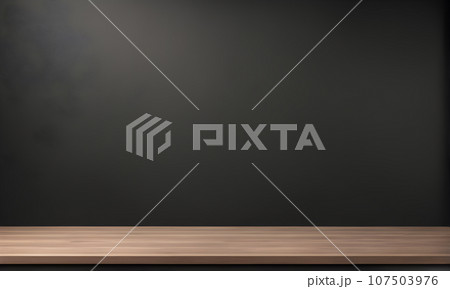 Empty wooden table, dark wall, mockup 107503976