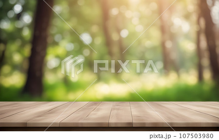Empty tabletop with natural bokeh background for product 107503980