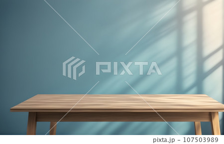 Wooden table and sunlit wall, product mockup template 107503989