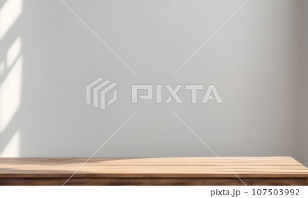 Wooden table and sunlit wall, product mockup template 107503992