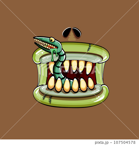 Vector cartoon funny silly zombie monster mouth with rotten teeth and green worm isolated on brown background. Vector happy Halloween kids t-shirt design template with funky monster mouth 107504578