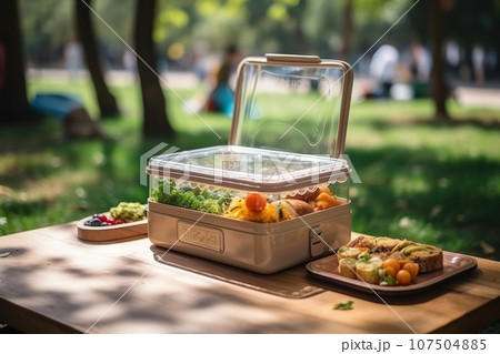 Lunchbox against the backdrop of the park Lunchbox against the backdrop of the park 107504885