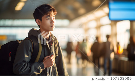 空港で搭乗手続きのために並ぶ日本人男性 107505009