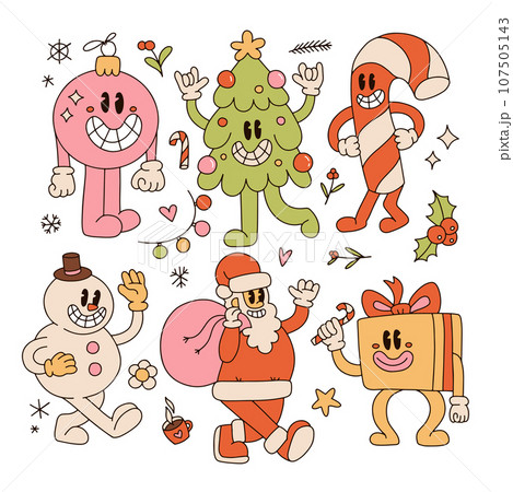 Groovy retro cartoon characters set - Santa Claus, Christmas tree, gift box, ball, snowman, candy cane in trendy 70s-80s vintage toons style. Sticker pack of xmas mascots and elements. Vector design 107505143