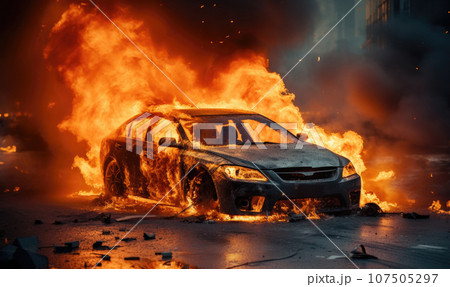 Burning car emitting thick smoke on a street. 107505297
