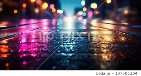 Wet asphalt with neon light. Wet asphalt with neon light. 107505304