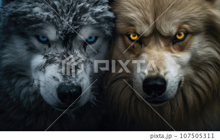 Intense gazes of two wolves showcasing their power, 107505311