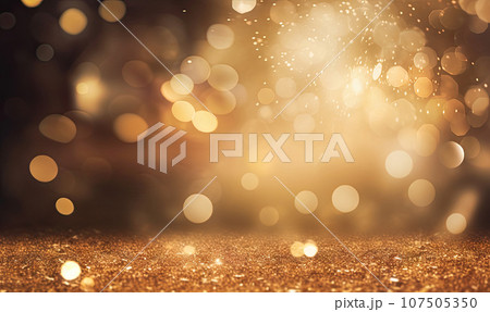 Golden bokeh lights dance on a glittering backdrop. AI generative. 107505350