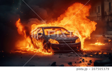 Burning car emitting thick smoke on a street. AI generative. 107505379