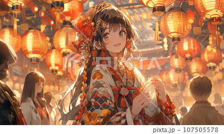 和服姿で初詣に行く若い女性