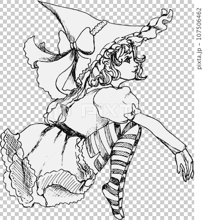 Witch in hat. Watercolor hand drawn illustration. Perfect for scrapbooking, kids design, wedding invitation, posters, greetings cards, party decoration. 107506462