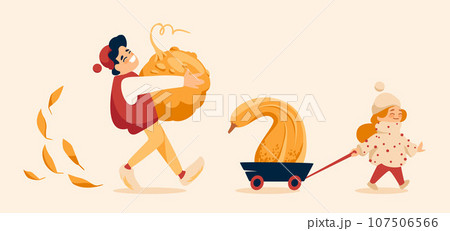 Autumn Vector Happy Boy and Girl Carry Pumpkins Autumn Vector Happy Boy and Girl Carry Pumpkins 107506566