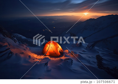 Camping in the snow under the stars an adventurous winter escape into the wilderness. AI Generative 107506671