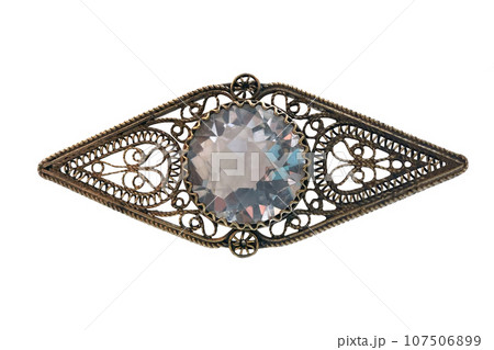 vintage silver filigree brooch with quartz made in USSR 1954 isolated on white background 107506899