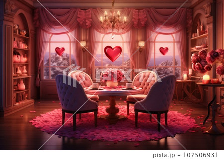 Modern living room decorated rose petals for Valentines day. Generative AI. 107506931