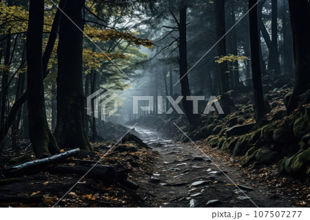 Mysterious fog in the forest Mysterious fog in the forest 107507277
