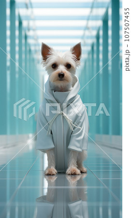 Fashion Dog Show, top model dog wearing trendy design clothes, catwalk. AI Generative 107507455