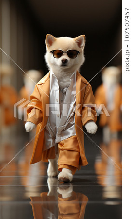 Fashion Dog Show, top model dog wearing trendy design clothes, catwalk. AI Generative 107507457