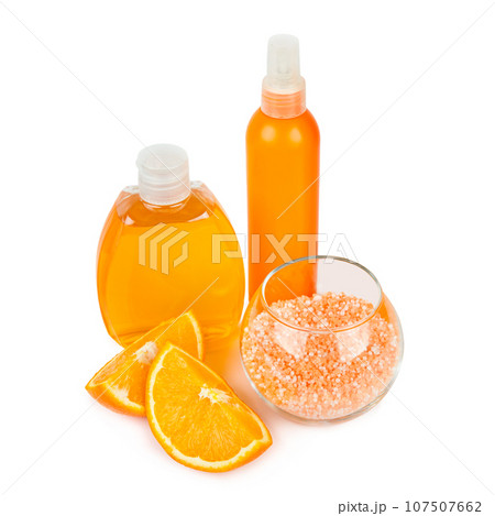 Shampoo, lotion and bath salt with citrus extract isolated on white . Shampoo, lotion and bath salt with citrus extract isolated on white . 107507662