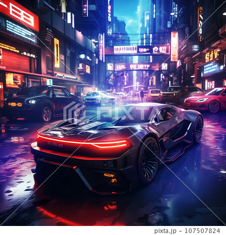 Epic Cyberpumk Sports Car Neon Retro Wave Style 107507824