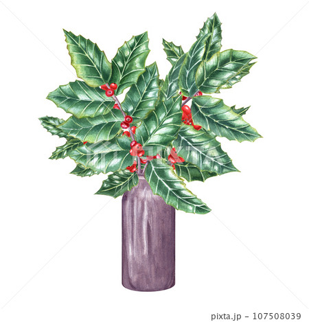 Bouquet of European holly branches in ceramic vase. Brilliant green ilex leaves with bunch of red berries. For interior decoration, design, comfort. Watercolor illustration 107508039