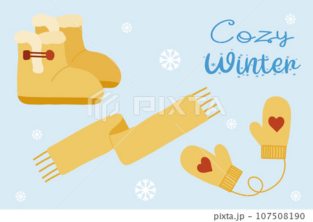Set of suede slipper boots with fur, scarf and mittens, warm winter accessory, flat style vector 107508190