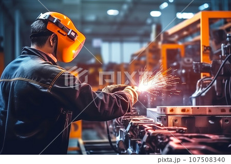 Industrial welder worker is welding in factory close-up Industrial welder worker is welding in factory close-up 107508340