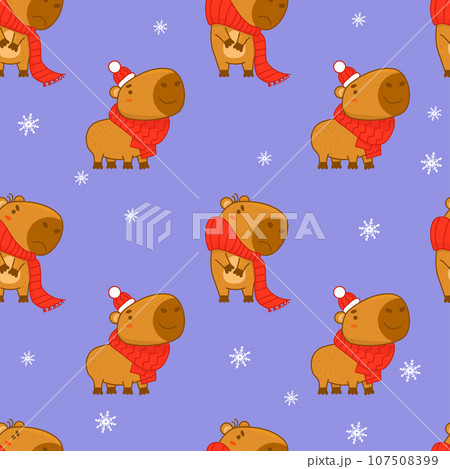 Cute Seamless pattern with winter capybara in knitted scarf and hat on purple background. Vector illustration for Christmas new year festive design, wallpaper, packaging, textile. kids collection. 107508399