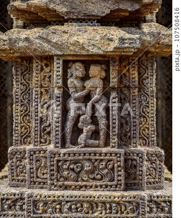Erotic structure on the walls of temple while traveling to the world heritage site Konark temple of Orisha, India, 11th February 2020. Erotic structure on the walls of temple while traveling to the world heritage site Konark temple of Orisha, India, 11th February 2020. 107508416