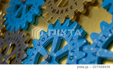 Market Volatility concept. Gold and silver gears mechanism with inscriptions market and volatility. 3d rendering 107508430