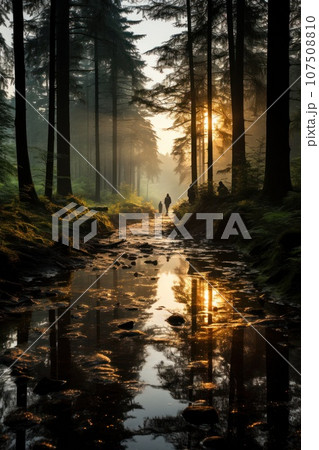Moody forest landscape with light beams filtering through trees Moody forest landscape with light beams filtering through trees 107508810